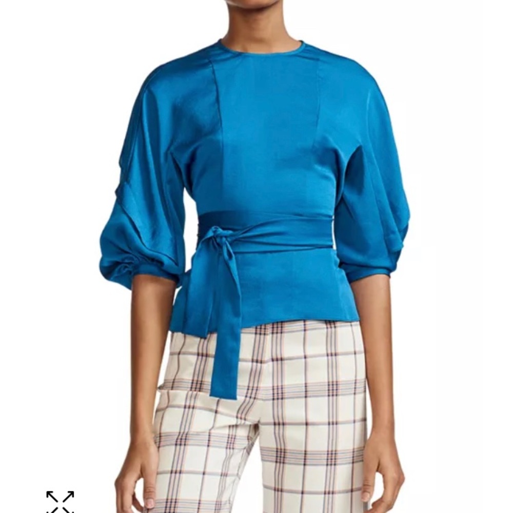 NWT Maje Lavana Belted Top Blue Self-tie Crepe Blouse Size 3 or M/L